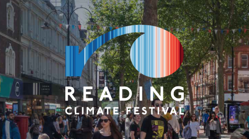 Photo of people walking down Broad St in Reading town centre with superimposed image of Reading Climate Festival logo